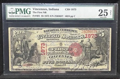 1875 $5 Vincennes Indiana IN National Currency  #  1873 TheFirst NB PMG 25 VF - Image 1 of 2
