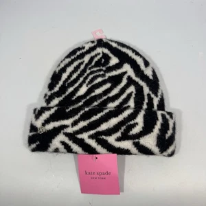 Kate Spade Zebra Print Beanie Winter Hat Black White New One Size - Picture 1 of 5