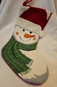 Vintage Christmas Stocking Punch Needle SNOWMAN Red Felt Back Needlepoint 20" - Picture 1 of 3