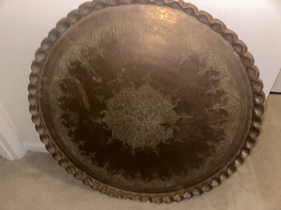 Mid Century Oval Brass Tea Tray Table Moroccan Coffee Table With Spider legs - Image 1 of 2