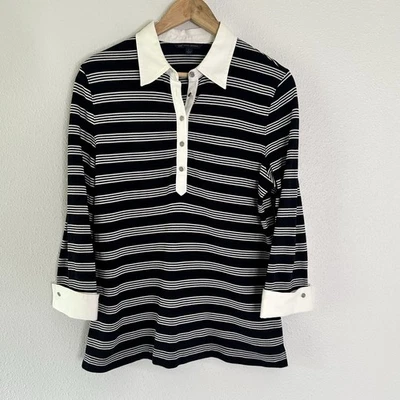 346 Brooks Brothers women's L navy blue and white stripe 3/4 sleeve henley top - Image 1 of 4