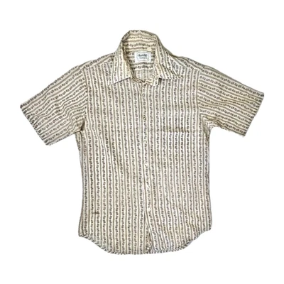 Vtg 1970s Shirt Boho Hippy Rockabilly Brown Graphic Huntcliff Shirtmakers L 15.5 - Image 1 of 4