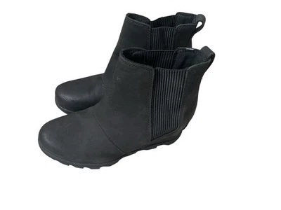 Botas Sorel 7. 5 Joan Of Artic Chelsea Cuero Negro Pull On Punta Redonda Tobillo Foto 1 de 4