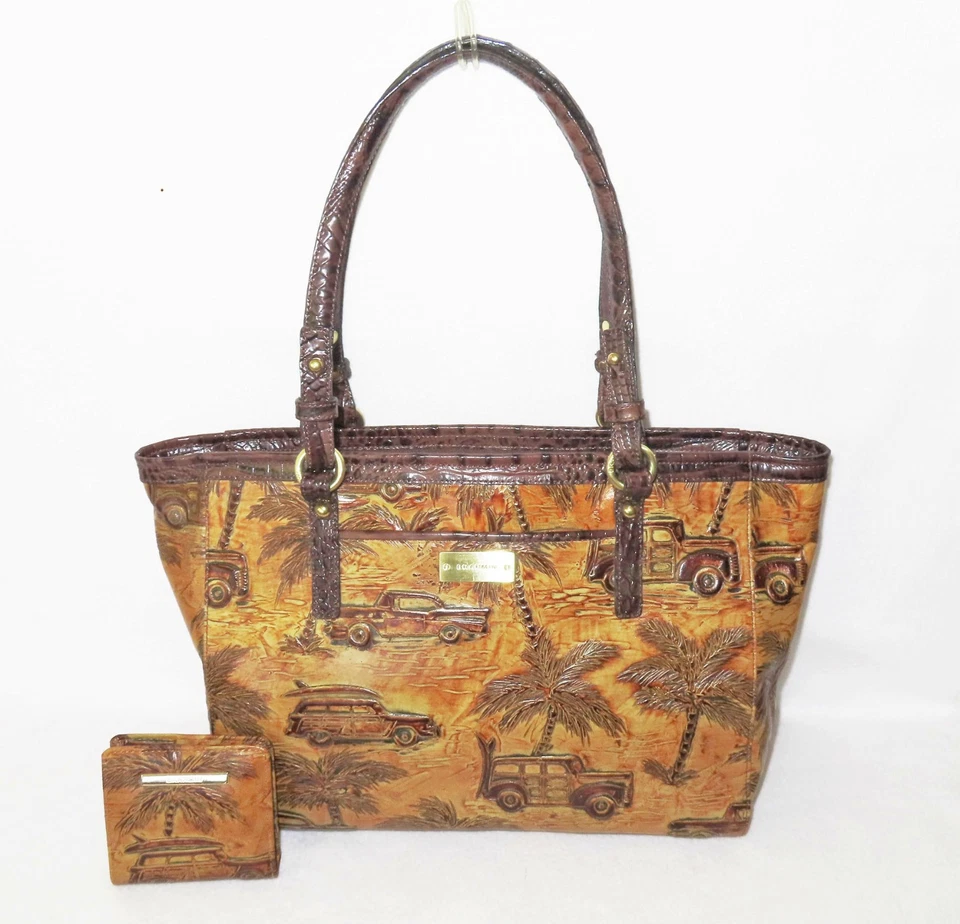 BRAHMIN Raro SEPIA MARROM COPA CABANA VAGÃO AMADEIRADO 57 CHEVY ARNO TOTE & WALLET NOVO COM ETIQUETAS - Imagem 1 de 4