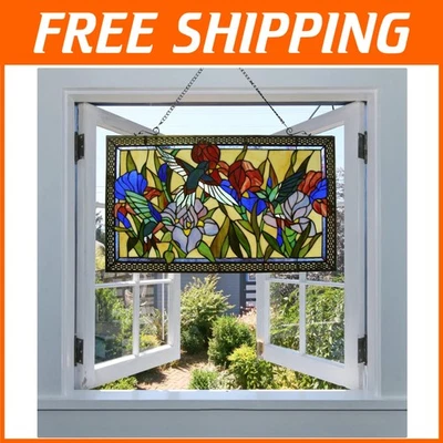 Handcrafted Hummingbird Flowers Stained Glass Panel - Image 1 of 4