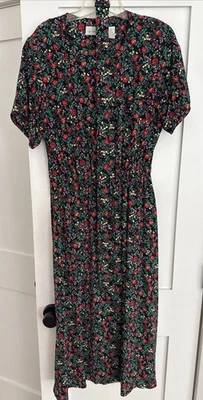 90s Vintage Liz Claiborne Dress 12 Black Floral Maxi Button Front Short Sleeve - Image 1 of 4
