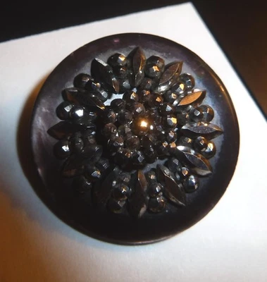 1  1/4" GRAY PEARL W riveted CUT STEEL escutcheon  loop shank antique button - Image 1 of 3