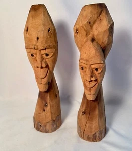 🎁 Coppia di 2 sculture in legno antropomorfe vintage MCM intagliate a mano uomo/donna - Foto 1 di 7