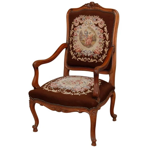 Antique French Louis XV Carved Fruitwood and Pictorial Needlepoint Fauteuil Cover