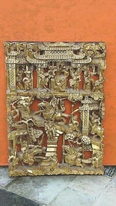 ANTIQUE CHINESE WOOD CARVED PIERCED GILT TEMPLE PANEL BATTLE WARRIORS ON HORSES - Picture 1 of 10