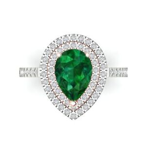 2.66 Pear Double Halo Simulated Emerald Promise Wedding Ring 14k 2 tone Gold