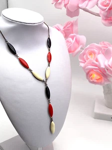 Vintage Necklace Silver Metal Coral Agate Look Stones Y Drop - Picture 1 of 8