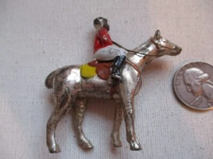 Vintage Silver Metal Horse w/ Red and White Silks Jockey - JAPAN - Picture 1 of 8