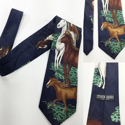 Steven Harris Mens Tie Blue Horse Pony Equestrian Brown White Farm Animal - Image 1 of 4