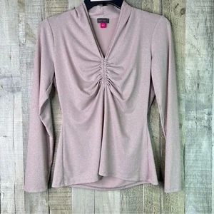 Vince Camuto Größe Small hellbraune Glitzerbluse V-Ausschnitt Langarm geraffte Vorderseite Oberteil - Bild 1 von 9