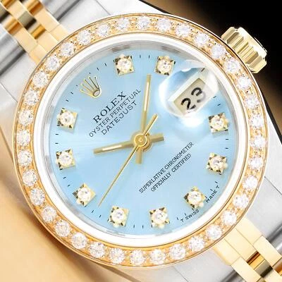 ROLEX LADIES DATEJUST 69173 ICE BLUE FACTORY DIAMOND DIAL 18K GOLD STEEL WATCH - Image 1 of 4