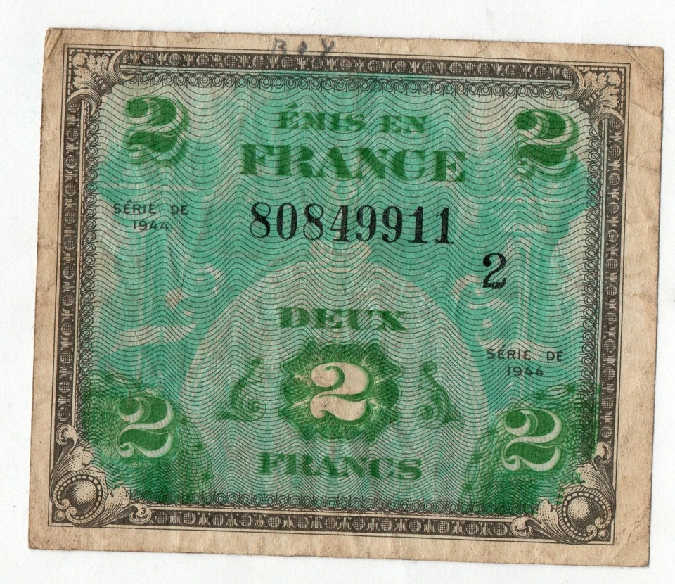 Series 1944 MPC (Military Payment Certificate) 2 Francs Banknote VG - Image 1 of 2