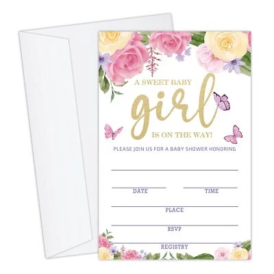 Juego de tarjetas de invitación de baby shower mariposas florales rosas de 4"x6" con sobres... Foto 1 de 4