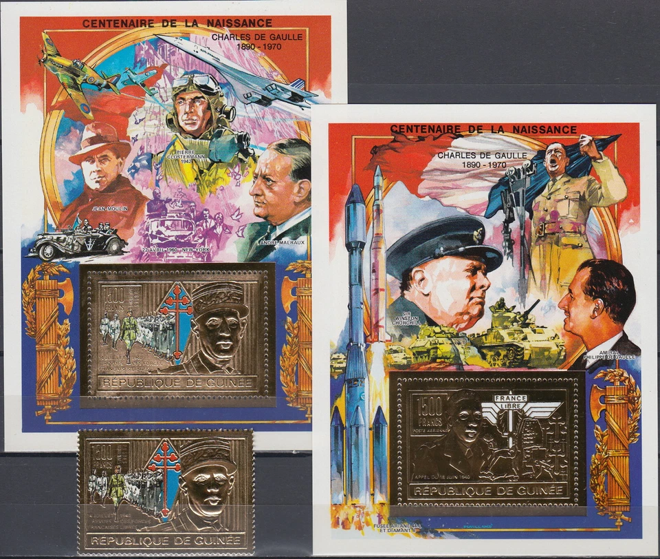 Sello de oro de Guinea y ambos S/S 100 cumpleaños Charles de Gaulle 1991 MNH-49,75 euros Foto 1 de 1
