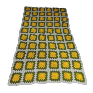 Granny Square Handmade 3D Crochet Flower Afghan Blanket Yellow Green 40”x 70” - Picture 1 of 8
