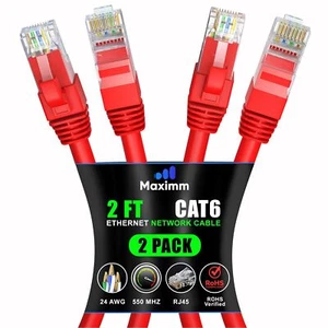 Cat 6 Ethernet Cable 2 ft 2-Pack - High-Speed LAN Cable Internet Cable Patch ... - Picture 1 of 8