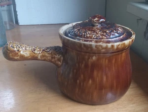 1870 BENNINGTON POTTERY PIPKIN COOKING POT WITH HANDLE & LID ROCKINGHAM GLAZE - Picture 1 of 8