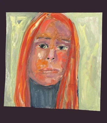 Pintura de retrato Gouache 8x8 arte ingenuo triste arte expresivo original Miz Katie Foto 1 de 4