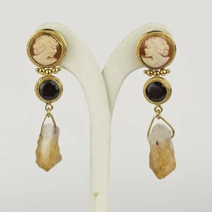 ORECCHINI IN ARGENTO 925 DORATO CON CAMMEI VOLTO GRANATO E CITRINO AGHT 0741 - Foto 1 di 3