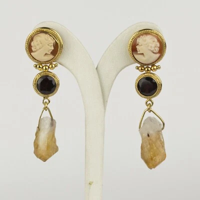 ORECCHINI IN ARGENTO 925 DORATO CON CAMMEI VOLTO GRANATO E CITRINO AGHT 0741 - Immagine 1 di 3