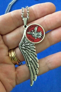 ARCHANGEL St MICHAEL RED ENAMEL Saint Medal NECKLACE PROTECT Pendant Angel Wing  - Picture 1 of 5