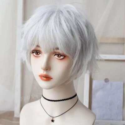 Peluca esponjosa Harajuku hombres mujeres pelo corto flequillo barrido lateral peluca cosplay rizada Foto 1 de 4