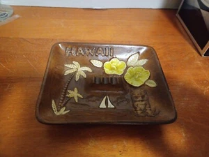 Tiki Treasure Craft Hawaii Brown, Green Flower Ashtray Bar Decor Vintage - Picture 1 of 9