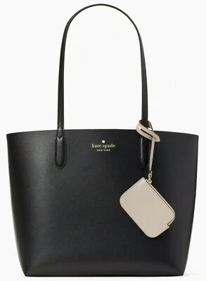 Kate Spade Ava 双面黑色皮革托特包米色小袋全新带标签 K6052 $359 MSRP F — 第 1/4 张图片