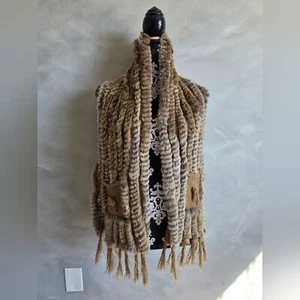 Belle Fare LENZEN Knitted Rex Rabbit Fur and Wool Vest with Fringes Pockets OS - Picture 1 of 13