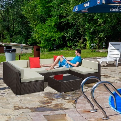 7PC Rattan Wicker Sofa Set Sectional Couch Cushioned Furniture Patio Outdoor - Image 1 of 4