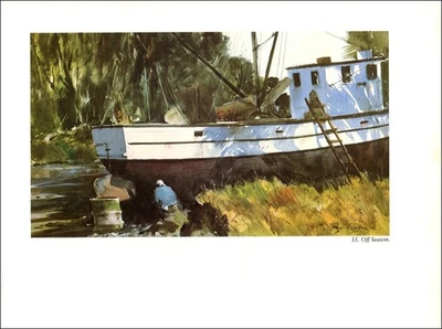 Imagen acuarela 1983 vintage impresa fuera de temporada barco trabajo Yorktown Virginia Foto 1 de 3