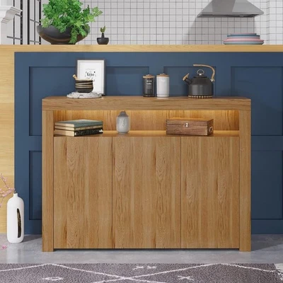 Oak Sideboard Cupboard Unit with 3 Doors, Shelf & LED Light – 130cm Wide - Image 1 of 4