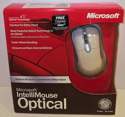 (NEW) Microsoft IntelliMouse Optical PC Mac PS/2 USB D58-00026 (SEALED IN BOX) - Image 1 of 4