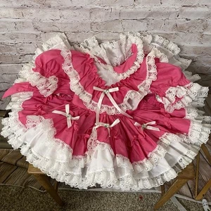 Vintage Frilly Fussy Bright Pink Lace Ribbon Pageant Full Circle Baby Dress sz 1 - Picture 1 of 11