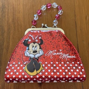Disney Parks Minnie Mouse Girls Clasp Purse Red Sparkle Glitter Bead Handle - Picture 1 of 5
