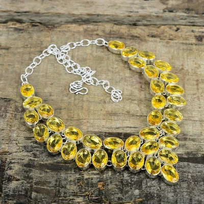 Citrino Gemma a Mano 925 Argento Sterling Regolabile Collana Gioielli Regali - Immagine 1 di 4