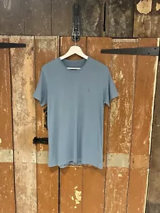 AllSaints Short Sleeve T-Shirt Top Tee Blue Cotton Crew Neck Logo Light Small - Picture 1 of 11