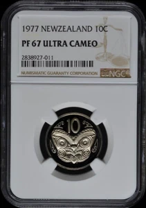:1977 10C NEW ZEALAND NGC PF-67-ULTRA-CAMEO KM#41.1 KORURU-MAORI-MASK LOW-POP R9 - Picture 1 of 2