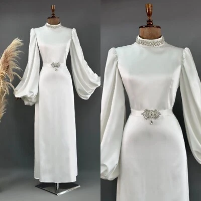 Vintage 1960s Wedding Dresses Satin Elegant Long Sleeves High Neck Bridal Gowns - Image 1 of 4