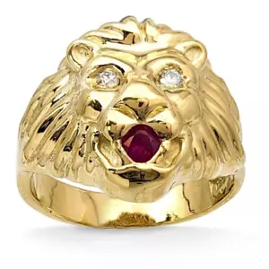 Real 14K Yellow Gold Mens Lion Ring with Diamond Eyes Ruby Mouth Natural or Lab - Picture 1 of 6