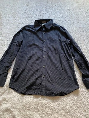 Camisa masculina de manga comprida listrada cinza escuro Liz Claiborne Luxe tamanho G (C12) - Imagem 1 de 4