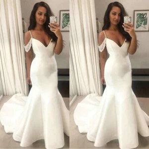 Mermaid Wedding Dresses V Neck Spaghetti Straps Satin Sweep Train Bridal Dress - Picture 1 of 10