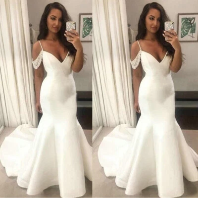 Mermaid Wedding Dresses V Neck Spaghetti Straps Satin Sweep Train Bridal Dress - Image 1 of 4