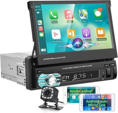 Single 1DIN 7" Flip Out Car Stereo BT USB AUX Touch Screen FM Radio MP5 Player - Image 1 of 4