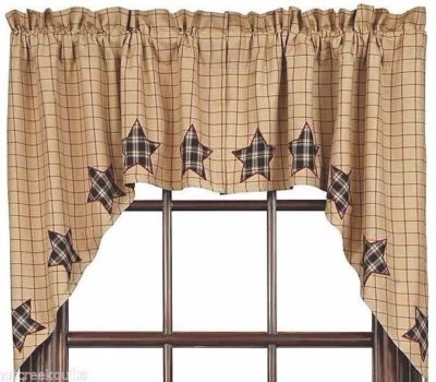 Country Window Swag Set Red Tan Windowpane Check Plaid Appliques Bingham Star - Image 1 of 3
